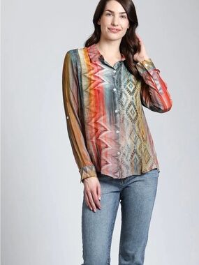 APNY Multico Waves & Rhomus Long Sleeve Button Up Shirt Sz S Casual Chic Boho